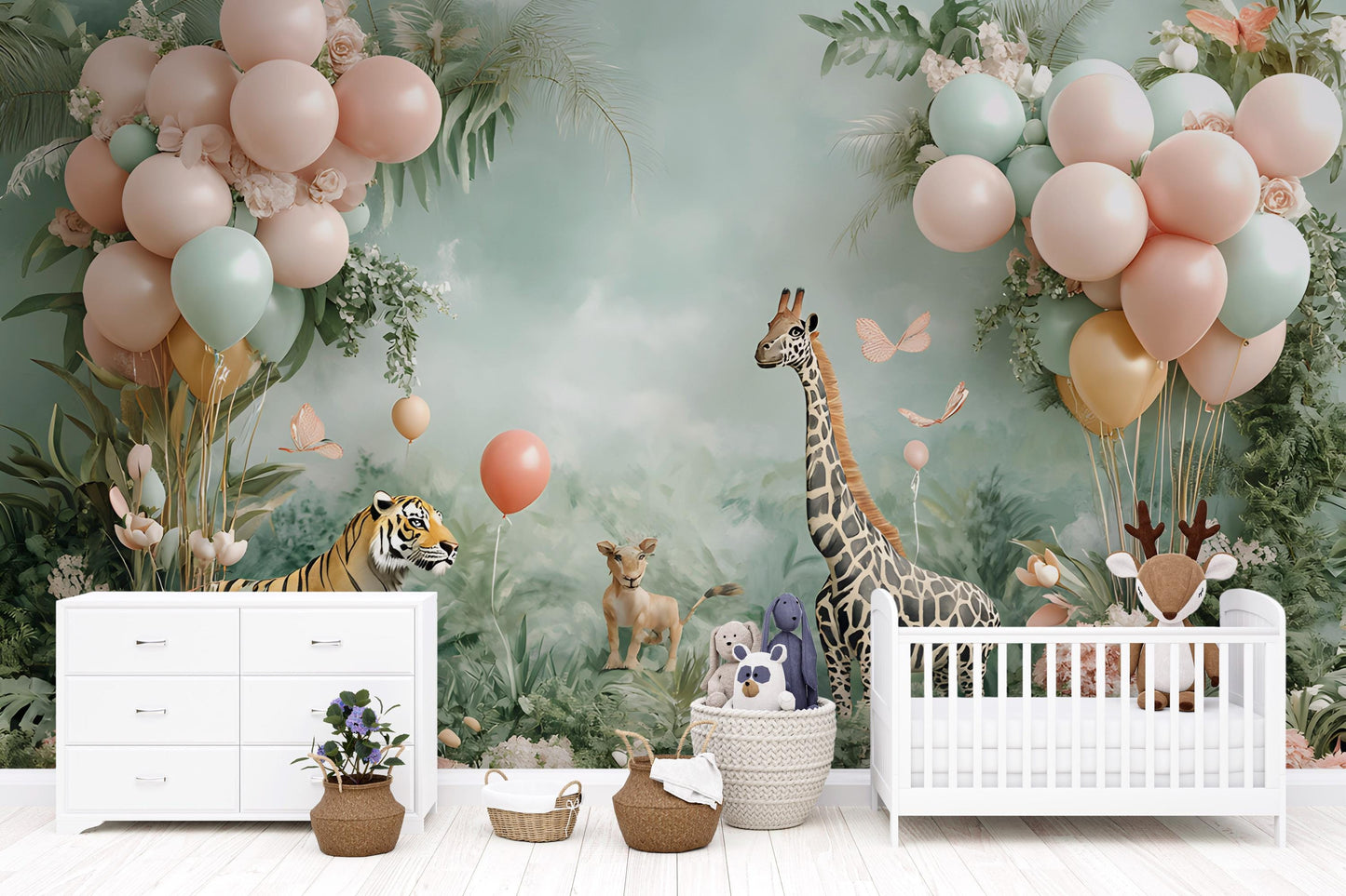 Safari Jungle Nursery Wall Art – Giraffe, Tiger, Balloons & Pastel Animals Mural for Baby Room, Kids Safari Theme Decor Vn044