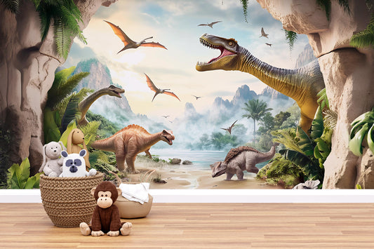 Dinosaur Nursery Wall Mural - Prehistoric Jungle Wallpaper for Baby Room, Boys Room Decor - Dino Theme Nursery Art Backdrop Vn403