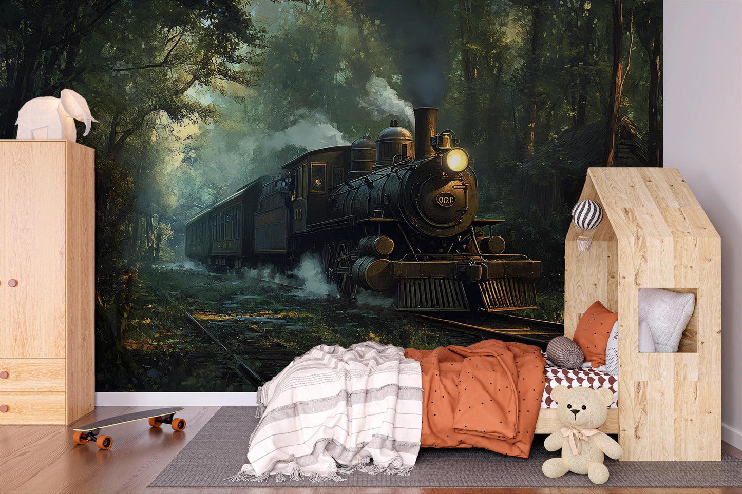Vintage Steam Train Wall Mural for Kids Room – Adventure Forest Railway Wallpaper Vn224