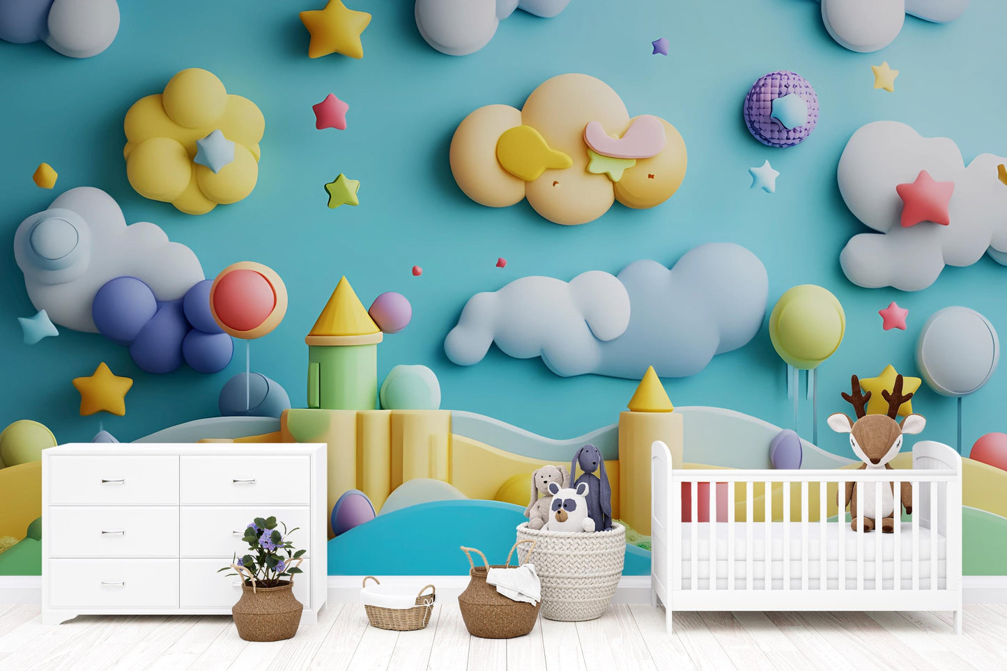 Whimsical Kids Room Wall Mural | 3D Cloud Star Castle Wallpaper | Colorful Nursery Decor | Fantasy Playroom Art Print Vn330