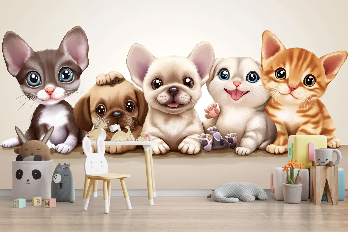 Adorable Puppy and Kitten Wall Art – Cute Animal Mural for Nursery or Kids Room Decor Vn321