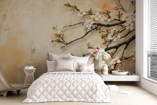 Cherry Blossom Wall Mural β Japanese Floral Branch Wallpaper for Bedroom Decor, Elegant Nature-Inspired Accent Wall Art Vn489