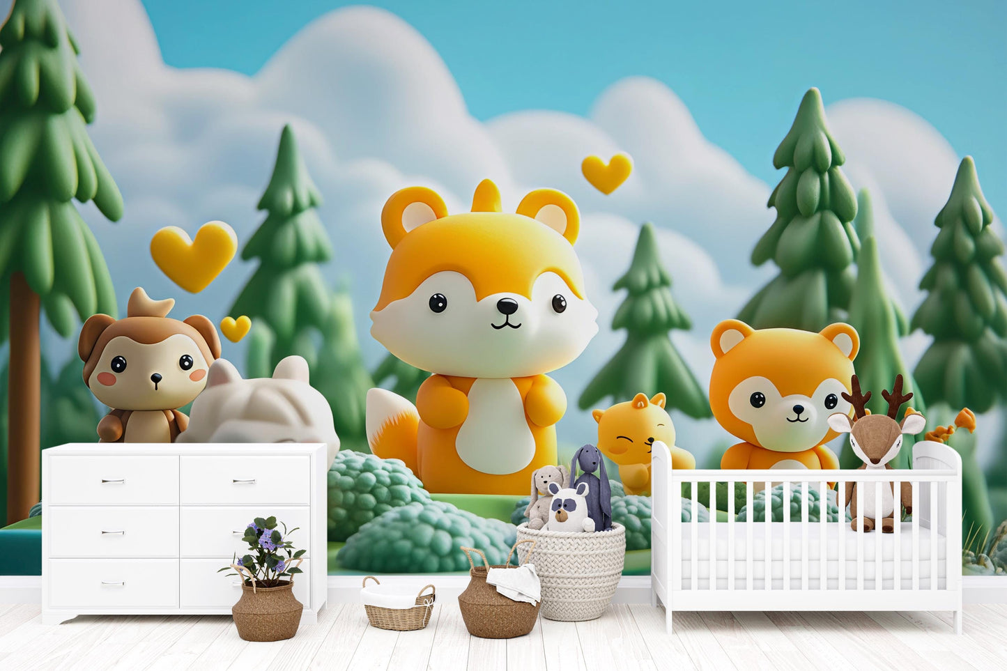 Cute Woodland Animal Nursery Wall Art – Forest Fox & Bear Mural – Baby Room Decor – Gender Neutral Nursery Printable Vn433