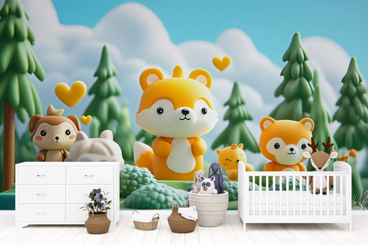 Cute Woodland Animal Nursery Wall Art – Forest Fox & Bear Mural – Baby Room Decor – Gender Neutral Nursery Printable Vn433