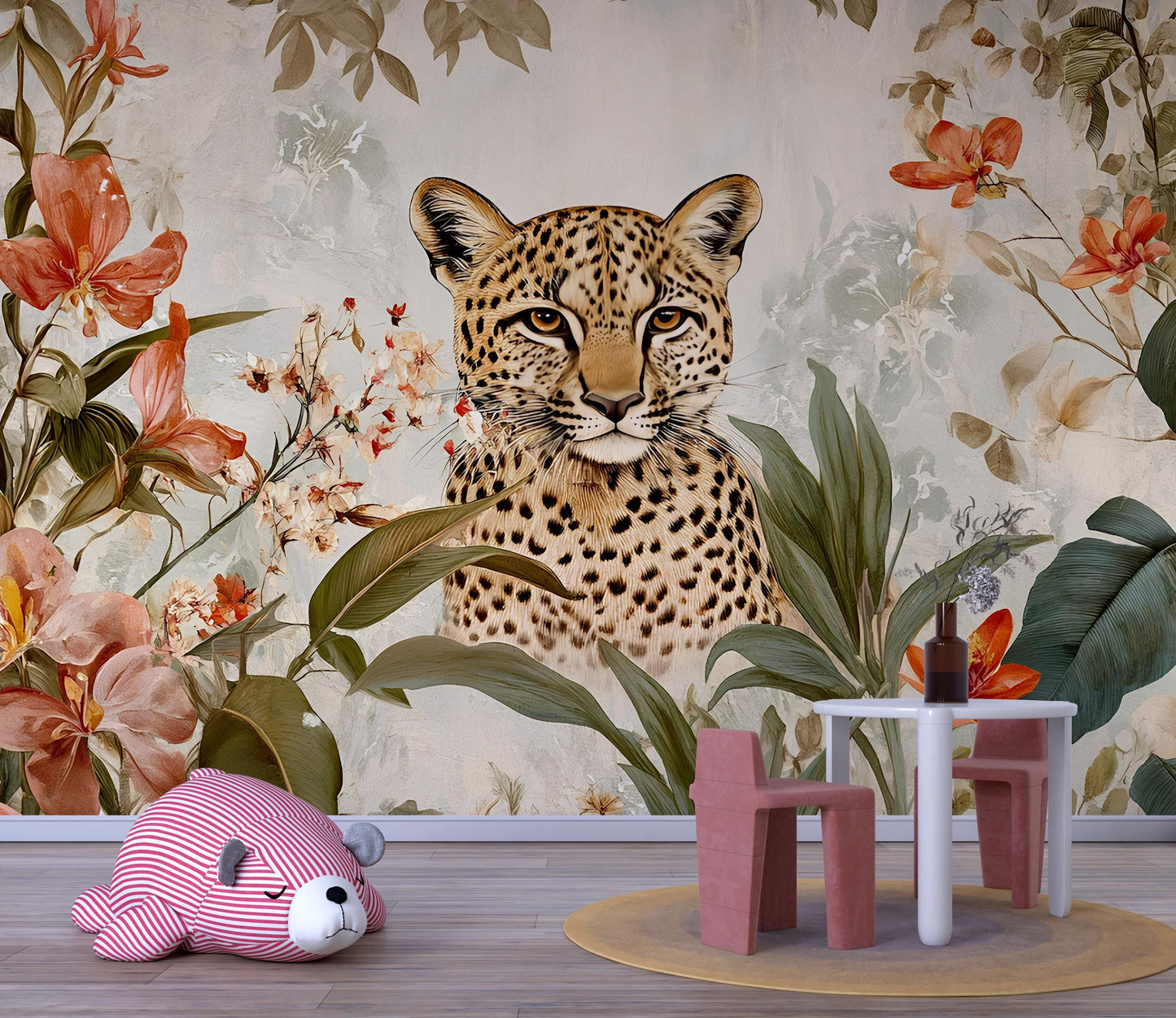 Leopard Jungle Mural Nursery Wallpaper - Safari Animal Wall Art - Botanical Baby Room Decor Vn212