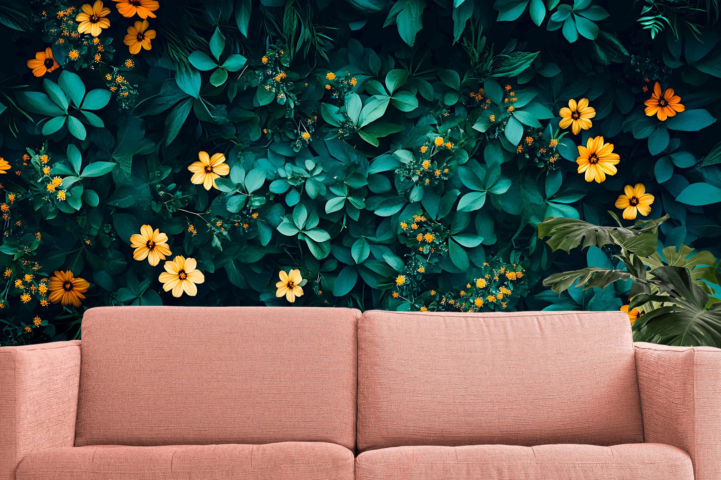 Floral Jungle Wall Mural | Yellow Flowers Botanical Wallpaper | Lush Leafy Nature Art | Modern Botanical Living Room Decor Vn208