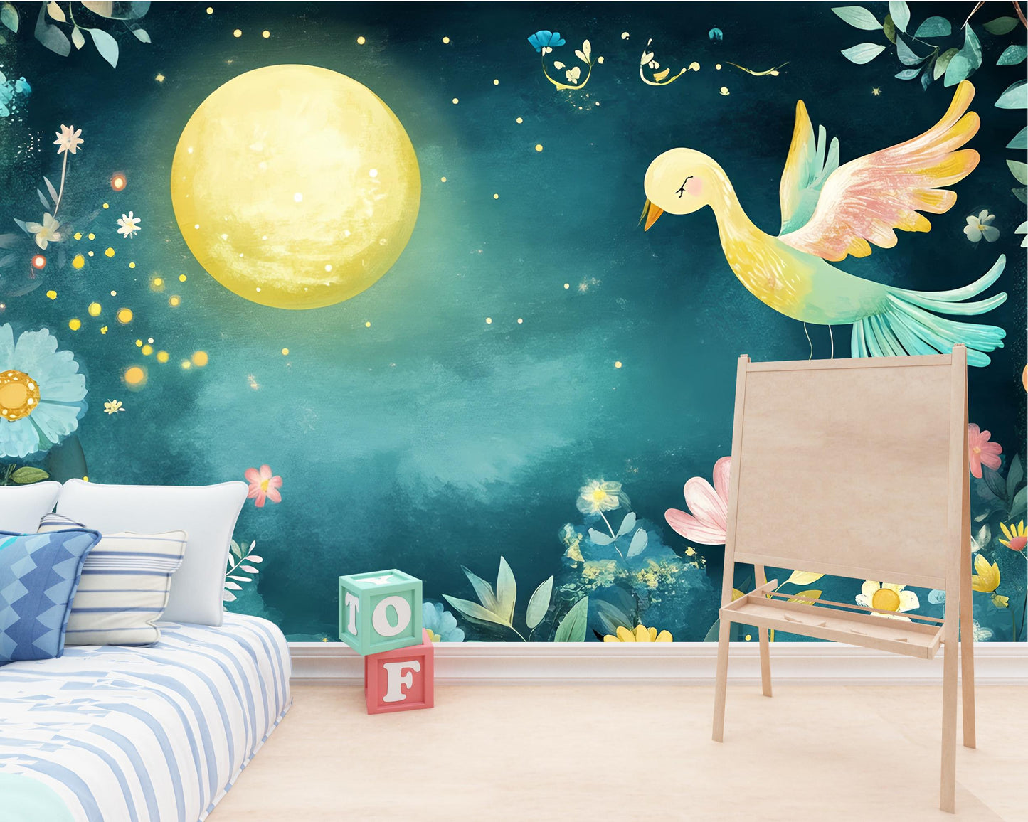 Whimsical Floral Bird Kids Wall Mural – Moonlit Garden Nursery Wallpaper – Colorful Nature Theme Playroom Art Vn434