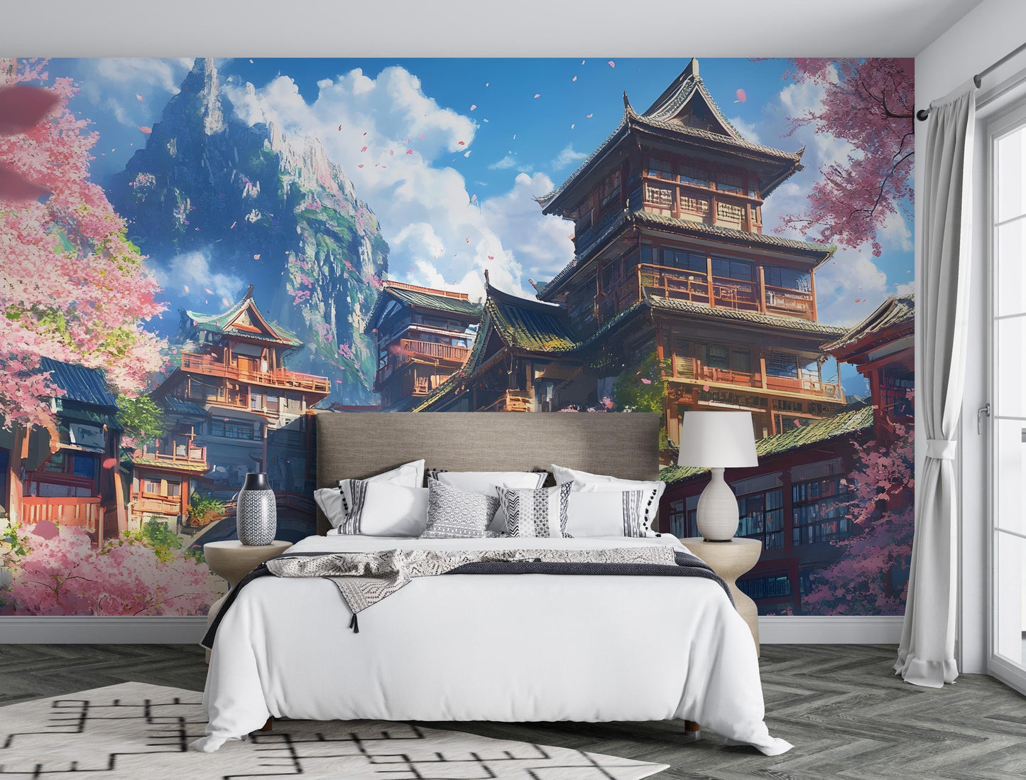 Japanese Temple Wall Mural | Cherry Blossom Art | Fantasy Mountain Wallpaper Vn029