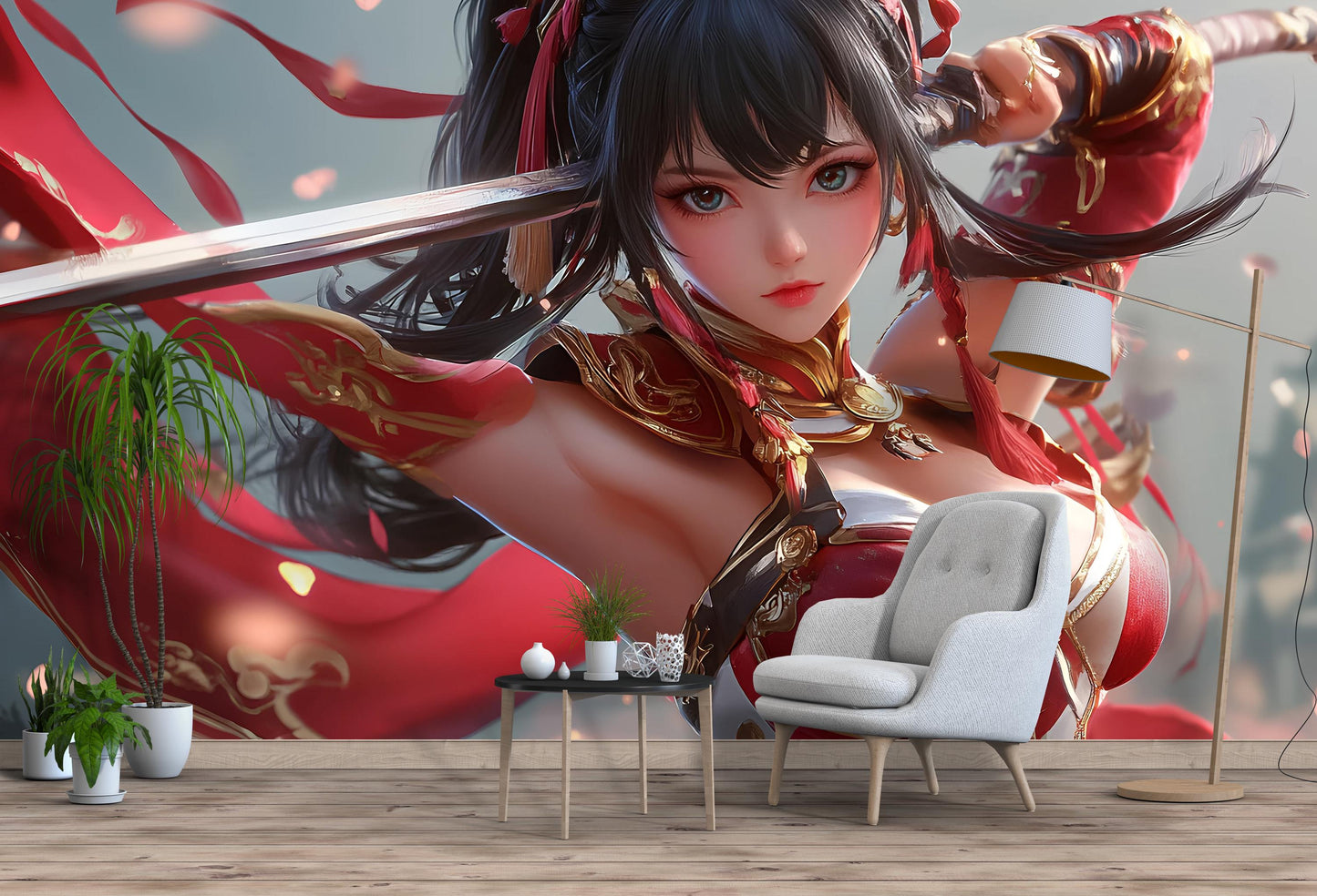 Anime Girl Warrior Wall Art | Samurai Fantasy Poster | Elegant Red Armor Decor Vn355