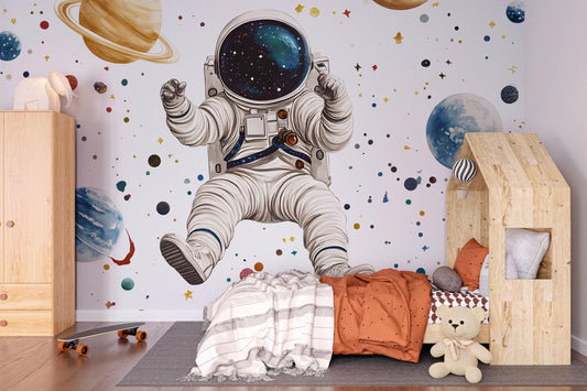 Space Astronaut Wall Mural for Kids Room β Outer Space Planets Galaxy Wallpaper β Nursery Space Theme Decor for Boys or Girls Vn443
