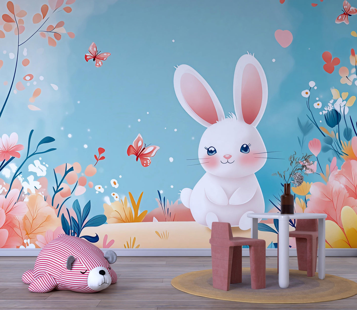 Whimsical Bunny Nursery Wall Mural | Pastel Animal Kids Room Decor | Cute Rabbit Wallpaper for Baby Girl Room Vn436