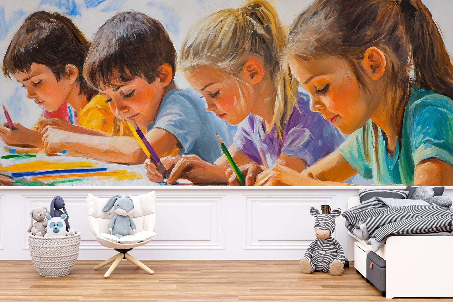Colorful Kids Art Wall Mural | Playroom Wallpaper with Drawing Children | Toddler Room Decor | Vibrant Artistic Nursery Mural Vn412