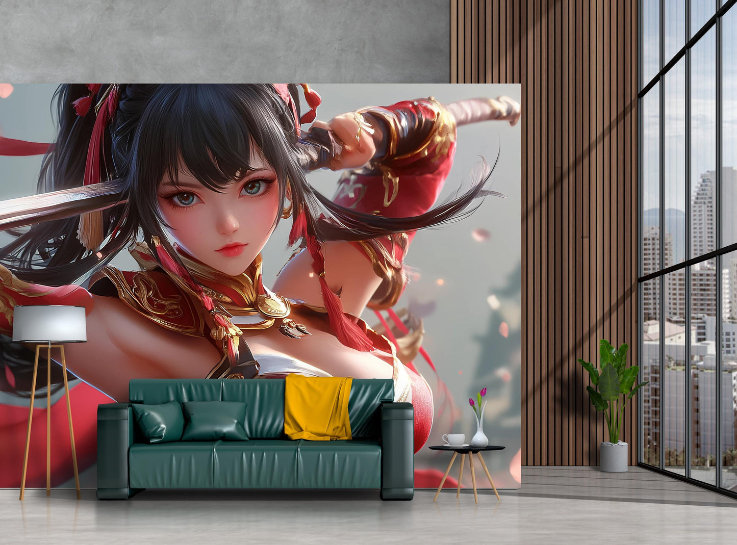 Anime Girl Warrior Wall Art | Samurai Fantasy Poster | Elegant Red Armor Decor Vn355
