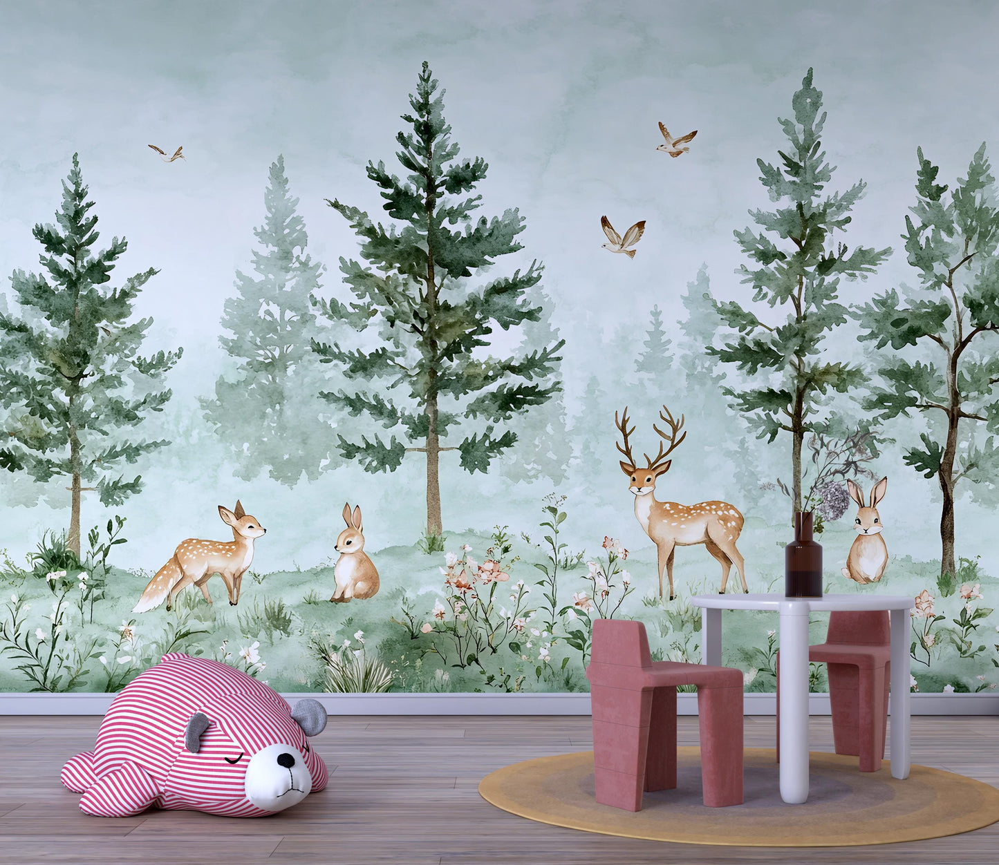 Woodland Forest Animal Nursery Wallpaper – Deer, Bunny, Tree Wall Mural for Baby Room, Nature Theme Wall Decor Vn262