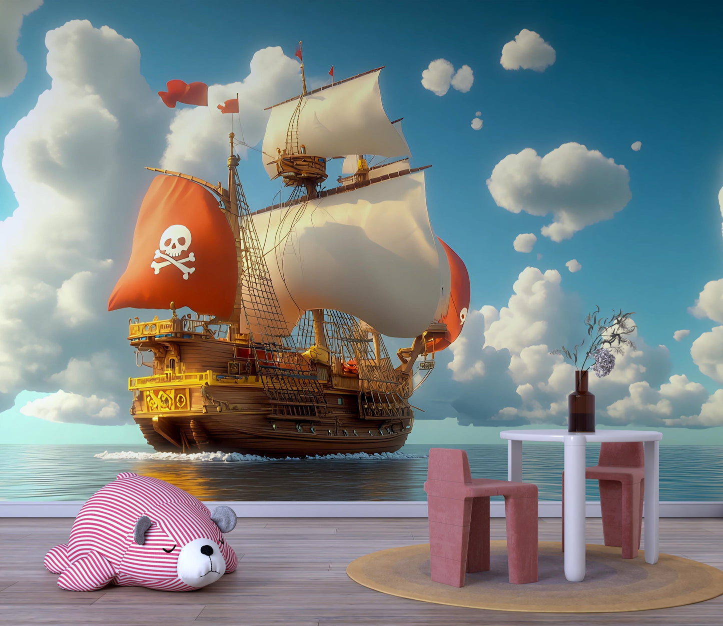 Pirate Ship Wall Mural for Kids Room – Nautical Ocean Adventure Wallpaper – Removable Peel and Stick Pirate Decor Vn 309