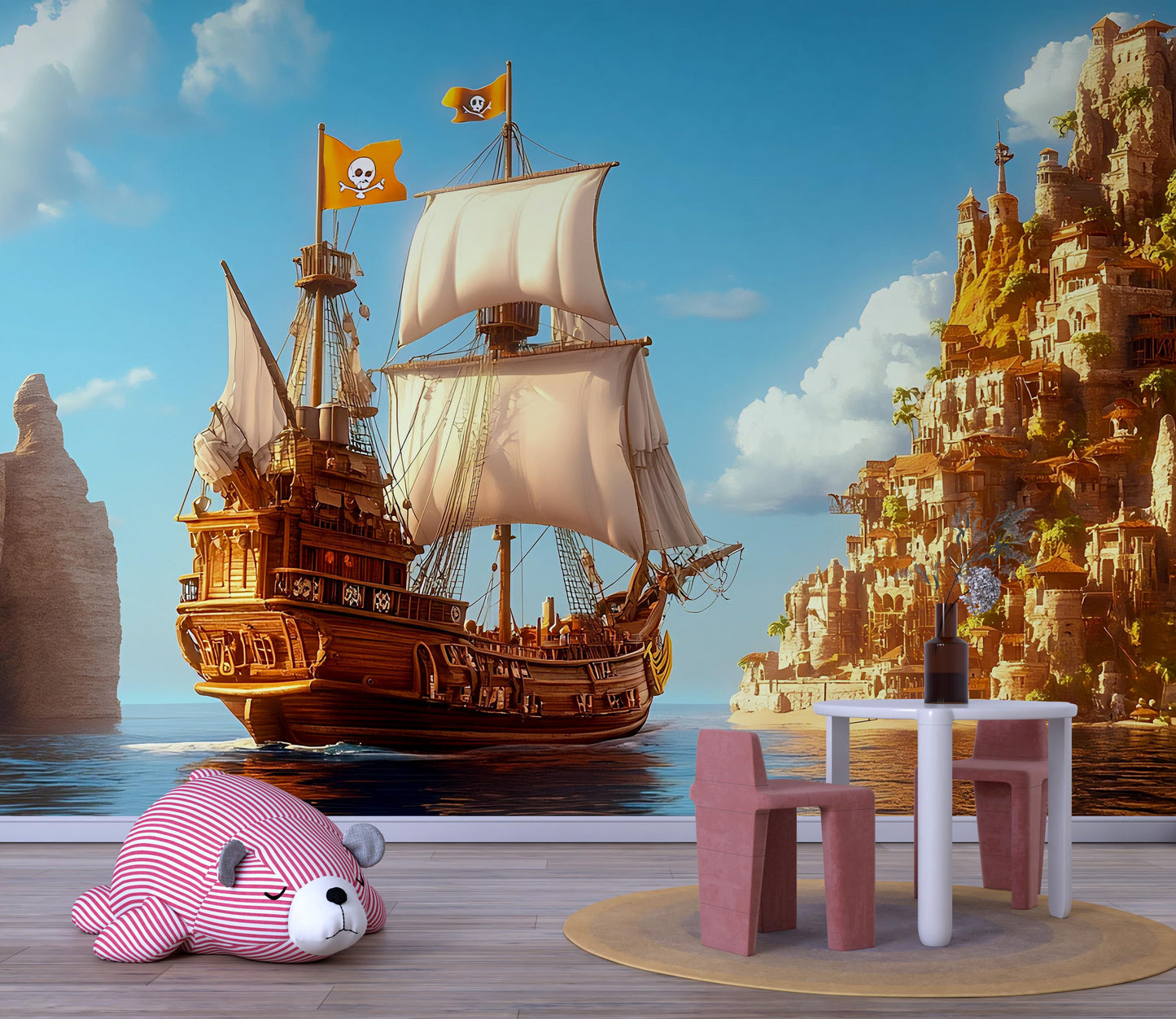 Pirate Ship Wall Mural for Kids Room – Fantasy Ocean Adventure Wallpaper – Large Removable Nursery Decor Vn 310