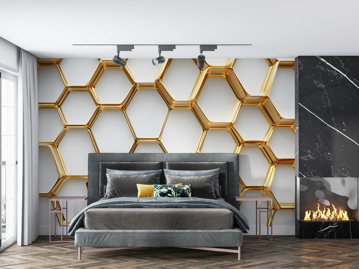 Luxury 3D Gold Honeycomb Wall Mural – Modern Geometric Wallpaper for Bedroom Vn047