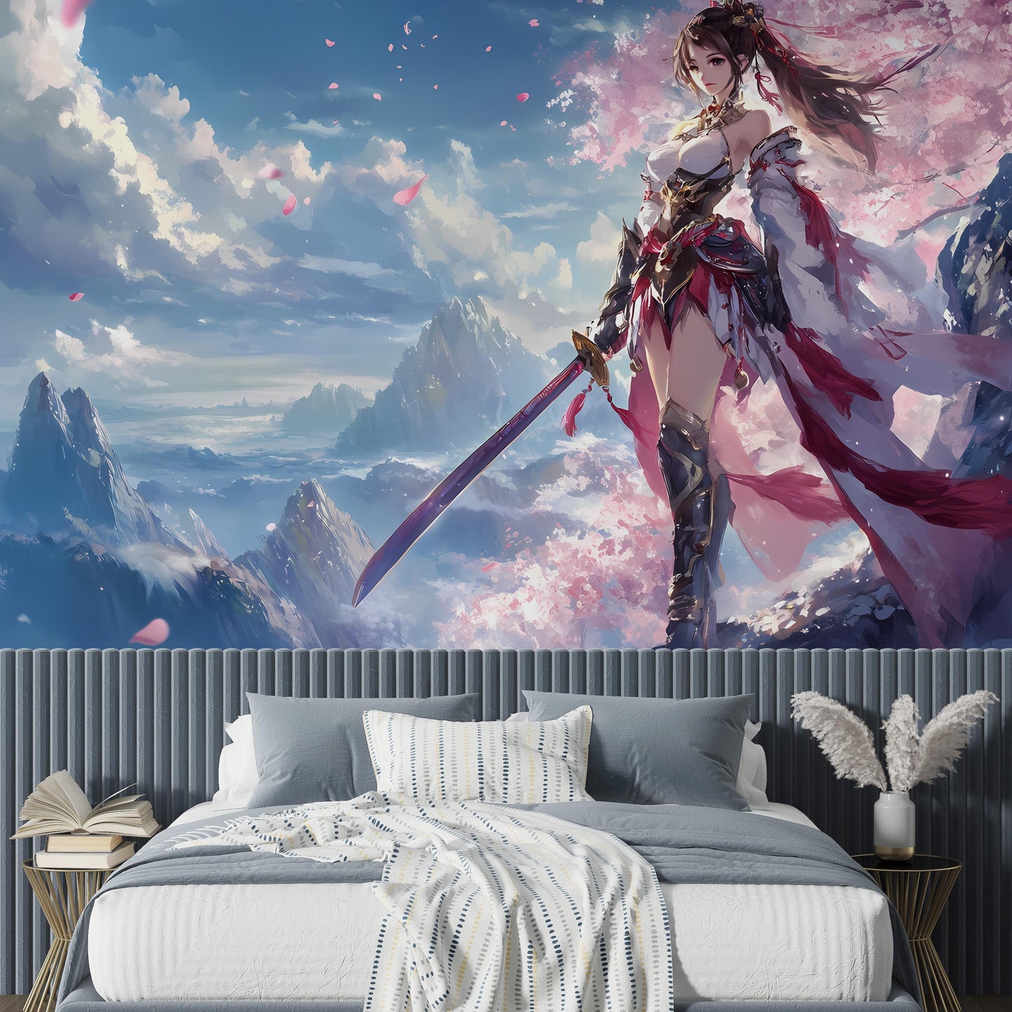 Anime Warrior Princess Wall Mural – Fantasy Cherry Blossom Wallpaper, Girl Samurai Art, Elegant Sword Girl Poster for Kids Vn031
