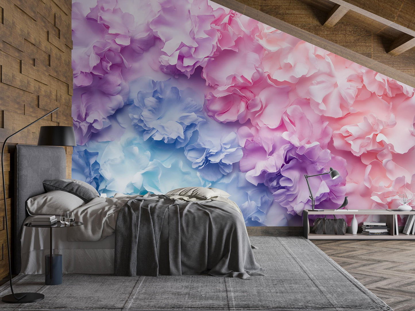 Romantic 3D Pastel Floral Wall Mural – Pink Purple Blue Flower Wallpaper for Bedroom, Living Room or Accent Wall Décor Vn465