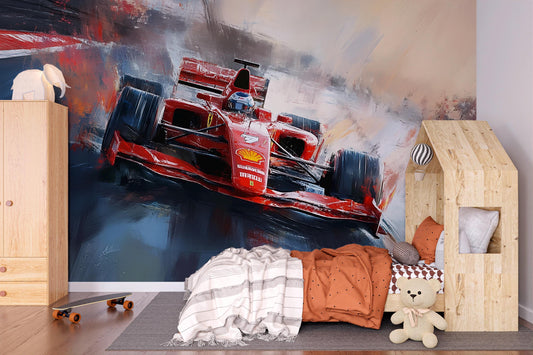 Race Car Wall Mural for Boys Room – Red Formula 1 Style Kids Decor, Sports Car Wallpaper, Racing Bedroom Theme Art Vn372