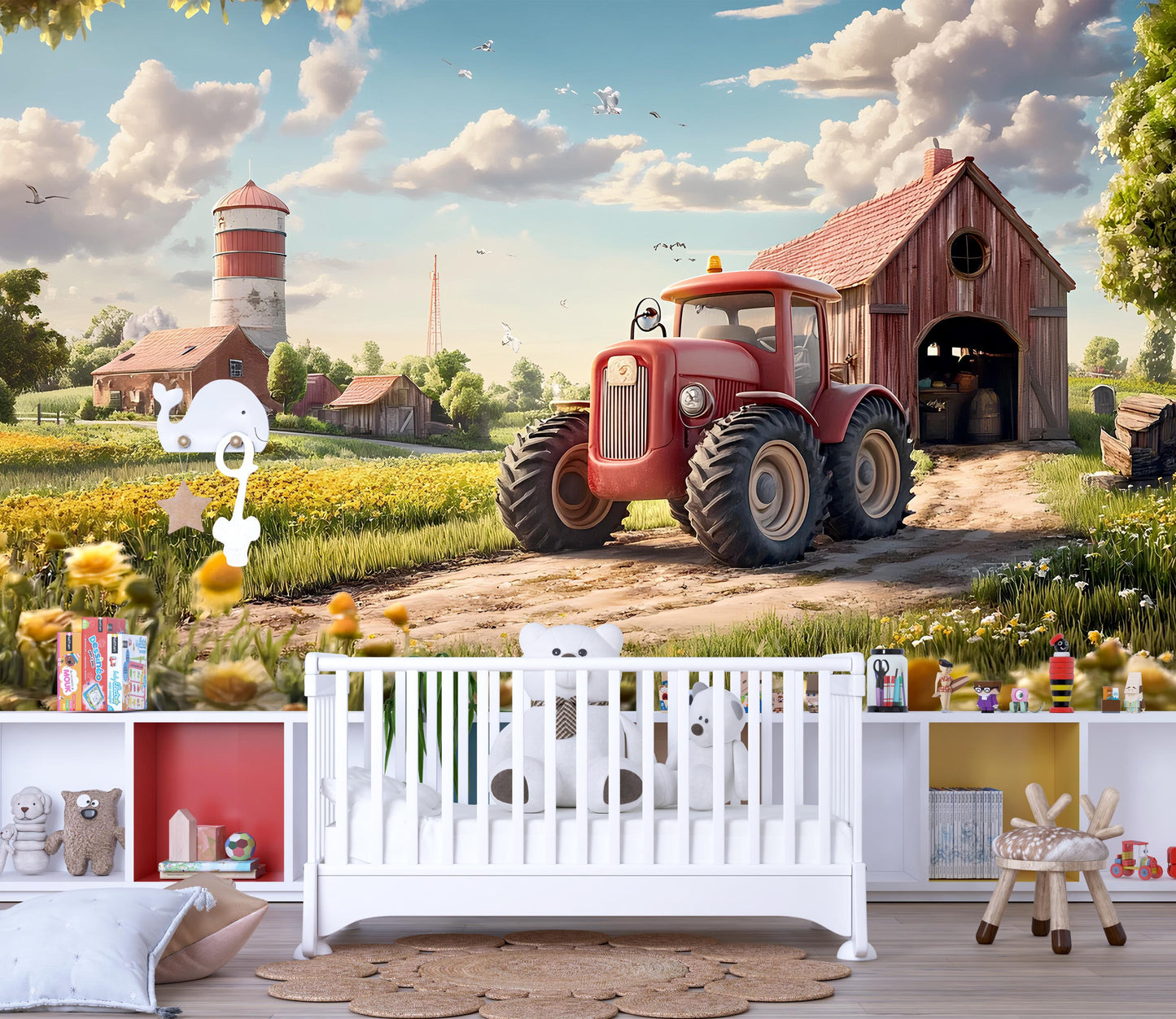 Farm Tractor Wall Mural – Kids Room Decor, Barn & Field Theme Wallpaper, Country Nursery Art, Red Tractor Mural Backdrop Vn313