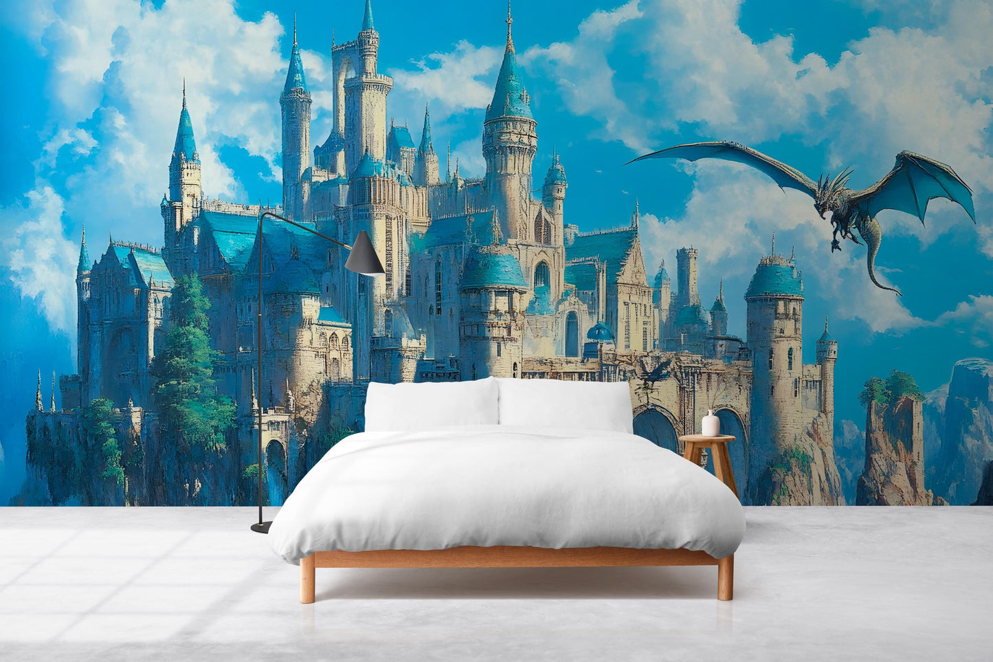 Fantasy Castle Nursery Wall Mural – Dragon & Castle Baby Room Art, Fairytale Themed Wallpaper for Kids Room or Nursery Decor Vn027
