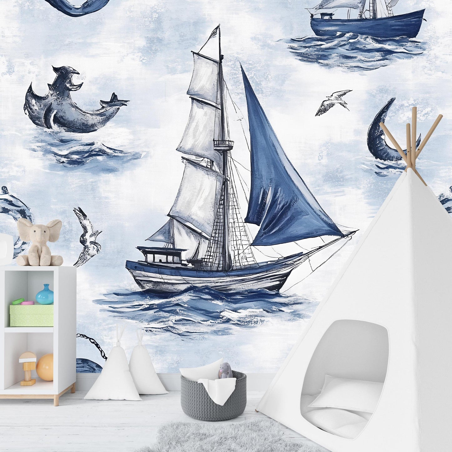 Nautical Sailboat Wall Mural for Kids Room – Ocean Theme Wallpaper with Sea Animals, Blue Boat, Seagulls, and Waves Vn071