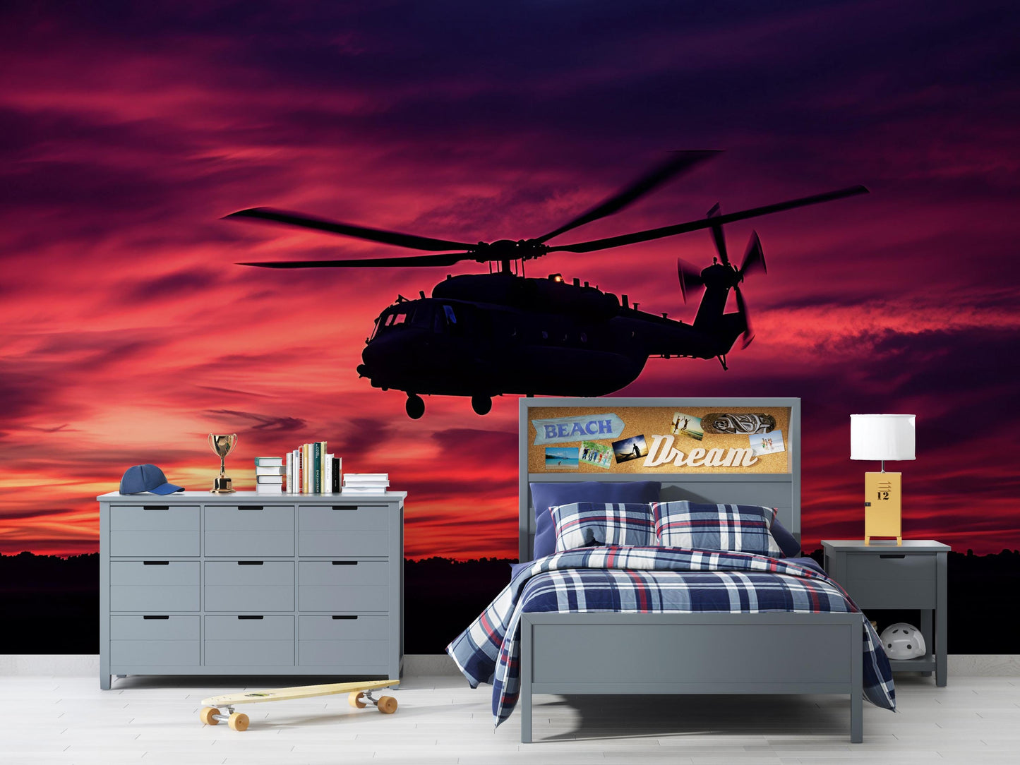 Helicopter Wall Mural for Boys Bedroom – Military Aircraft Sunset Wallpaper – Teen Room Decor – Aviation Theme Wall Art Vn460