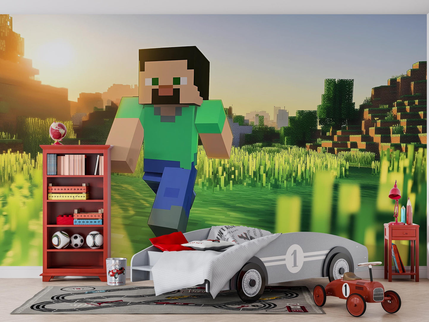 Minecraft Wall Mural for Kids Room – Steve Running Scene Wallpaper – Gamer Bedroom Decor – 3D Video Game Wall Art Vn281
