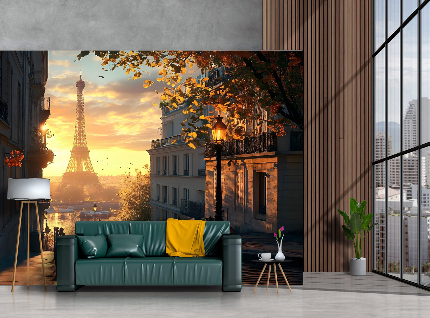 Paris Eiffel Tower Sunset Wall Mural – Romantic Autumn Cityscape Peel and Stick Wallpaper for Living Room or Bedroom Décor Vn064