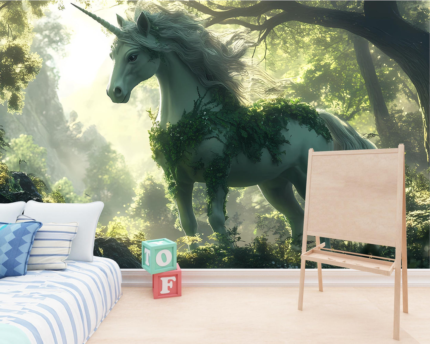 Magical Unicorn Forest Wall Mural for Kids Room | Enchanted Fantasy Horse Wallpaper | Whimsical Nursery Decor Vn025