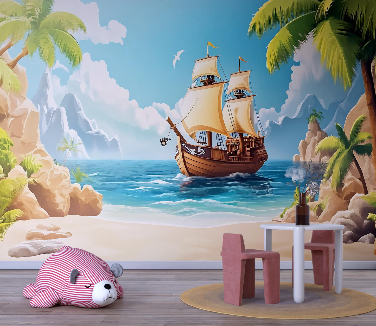 Pirate Ship Wall Mural for Kids Room – Nautical Ocean Adventure Theme Wallpaper – Boys Nursery or Playroom Art Décor Vn 306