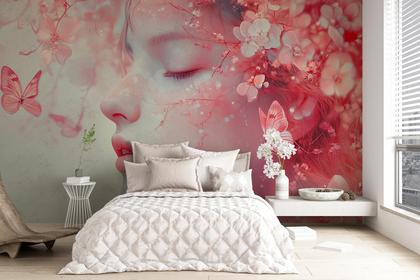 Dreamy Girl Floral Wall Mural – Pink Fantasy Art Wallpaper for Bedroom or Living Room, Ethereal Nature Fairy Design Vn268