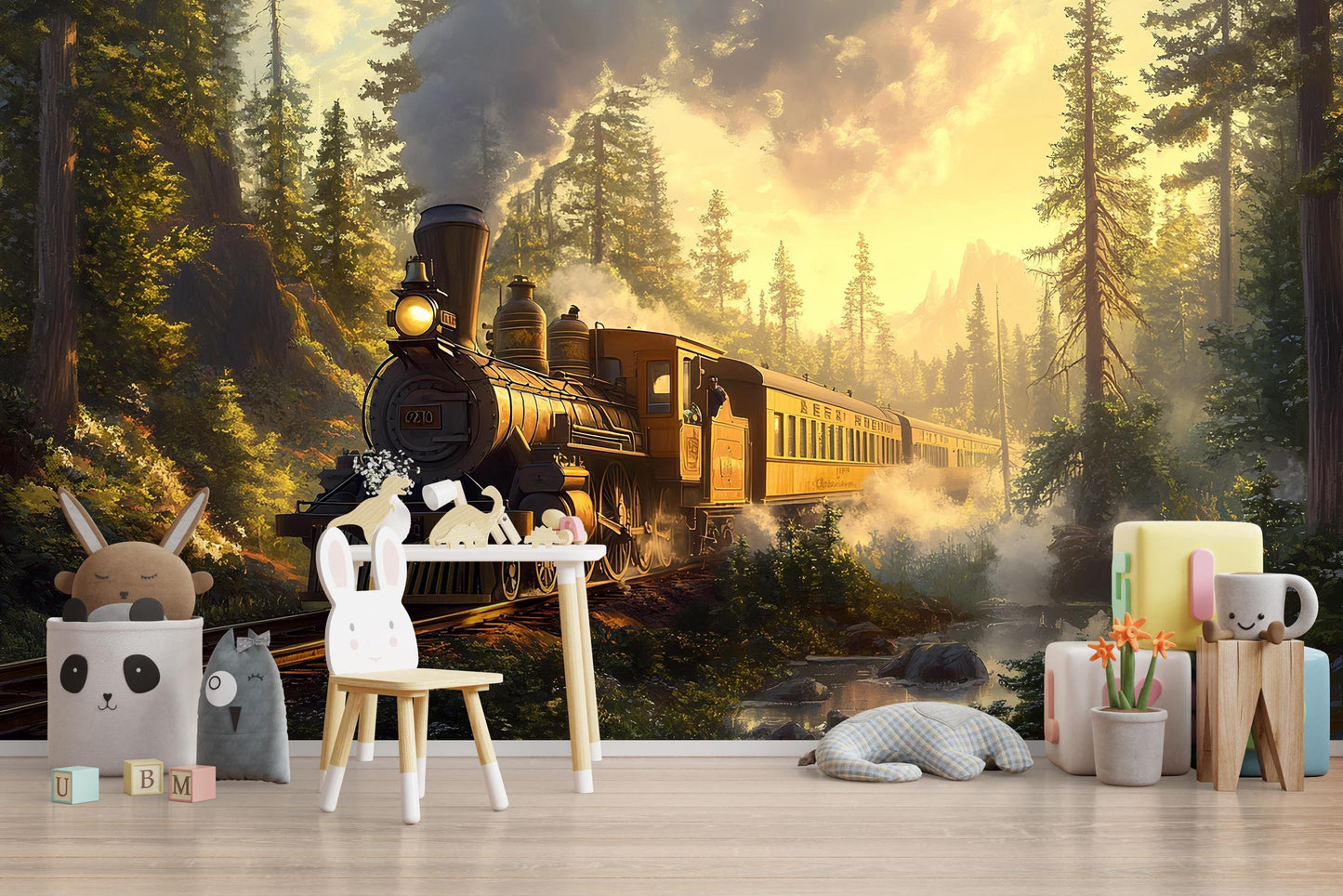 Vintage Steam Train Nursery Mural – Forest Adventure Wall Art for Kids Room Vn223