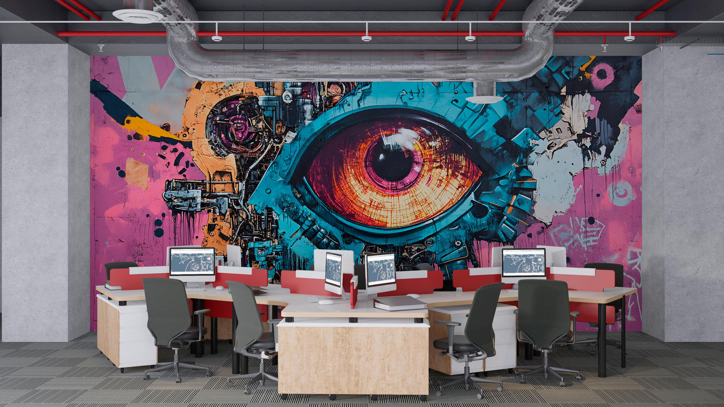 Cyberpunk Eye Wall Mural, Graffiti Tech Art Wallpaper, Futuristic Industrial Office Decor, Modern Creative Workspace Accent Wall Vn204