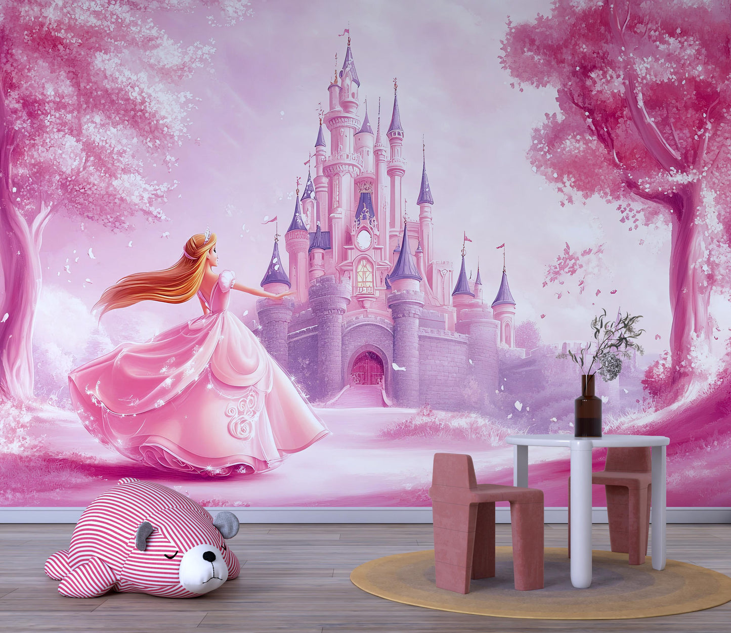 Pink Princess Castle Wall Mural – Fairytale Girl’s Room Decor, Removable Wallpaper for Nursery or Playroom Vn359