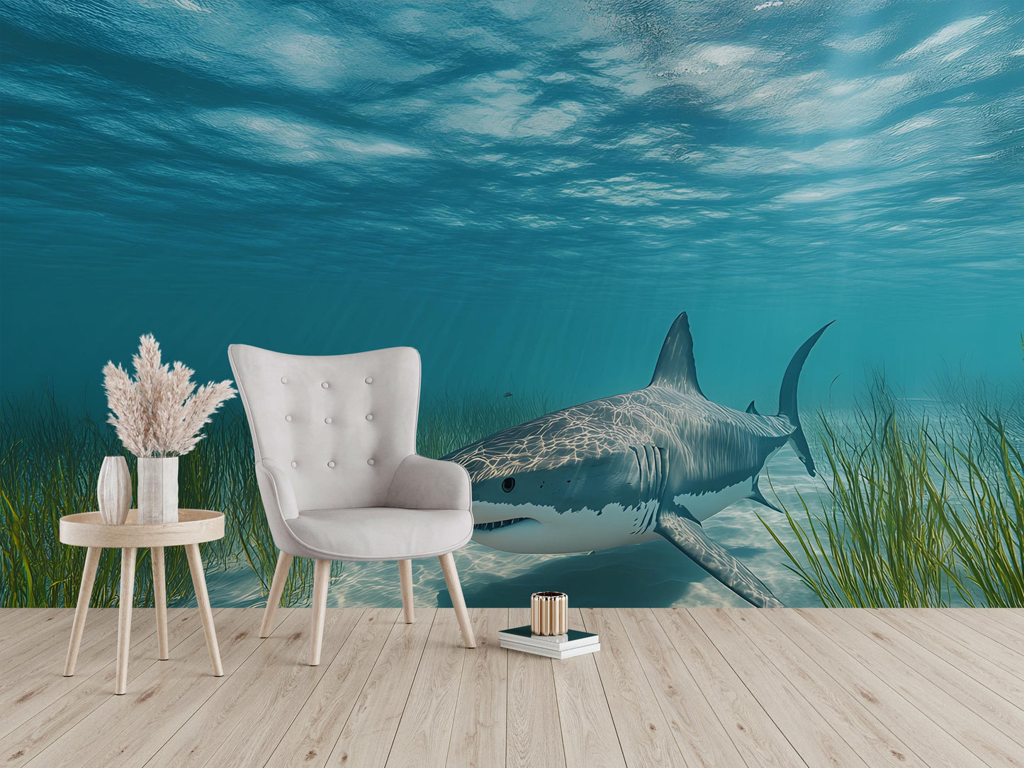 Underwater Shark Wall Mural – Realistic Ocean Wallpaper with Great White Shark – 3D Ocean Scene Accent Wall Vn385