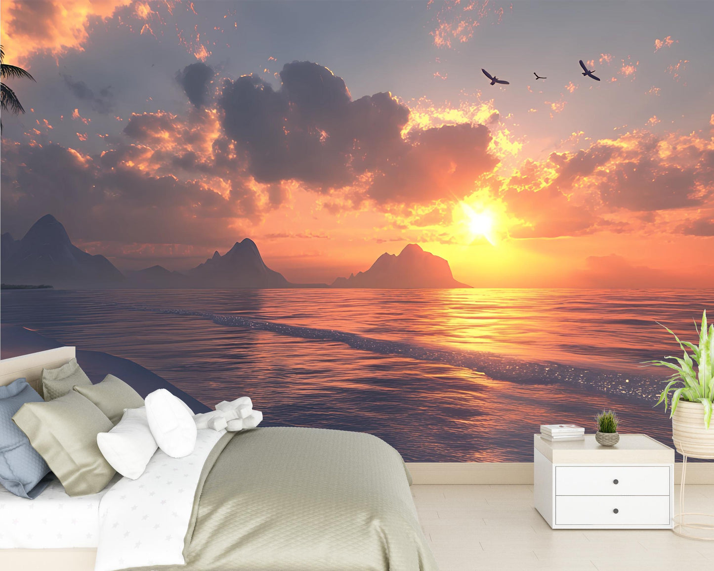 Sunset Ocean Wall Mural – Serene Coastal Bedroom Decor, Tropical Seascape Wallpaper, Ocean Sunset Mural Art Vn288