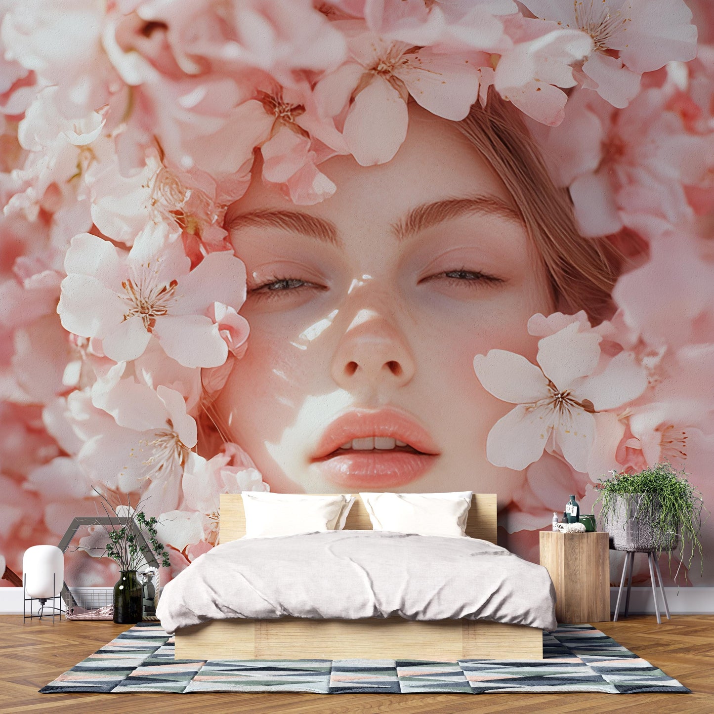 Floral Face Art Print | Pink Blossom Portrait Wall Mural | Feminine Spring Decor for Living Room | Boho Botanical Photo Poster Vn170