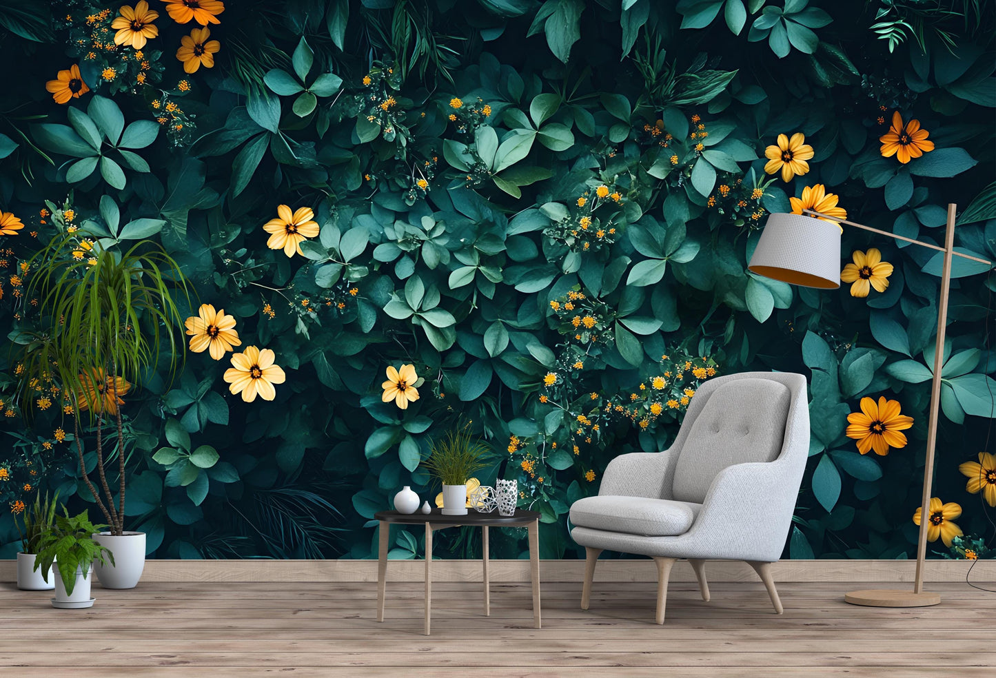 Floral Jungle Wall Mural | Yellow Flowers Botanical Wallpaper | Lush Leafy Nature Art | Modern Botanical Living Room Decor Vn208