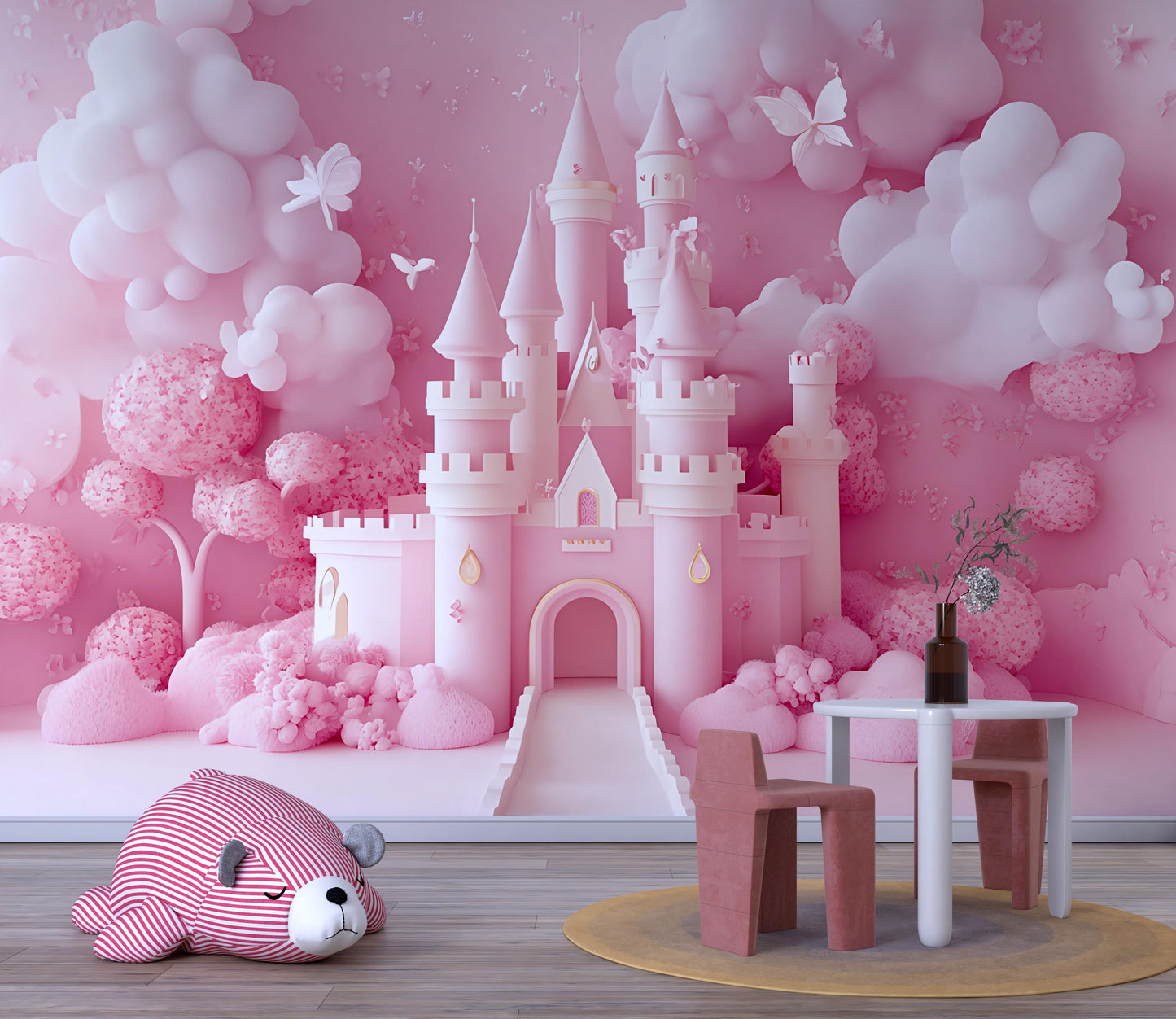 Princess Castle Wall Mural for Girls Room – Pink Fairytale Wallpaper | Dreamy Kids Room Decor | Magical Nursery Art Vn364