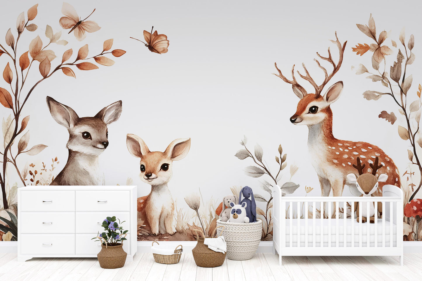 Woodland Deer Nursery Wall Mural, Baby Forest Animal Wallpaper, Neutral Nature Kids Room Decor Vn344