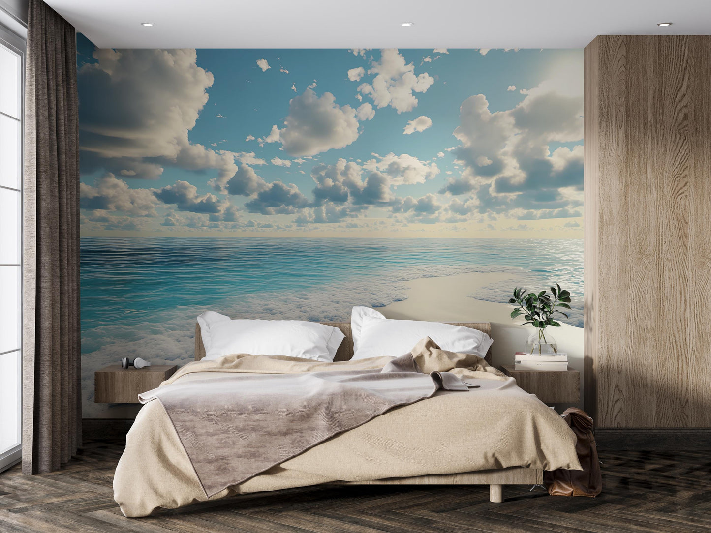 Ocean View Wall Mural for Bedroom – Coastal Seascape Accent Wall Art – Serene Blue Sky Beach Wallpaper Vn283