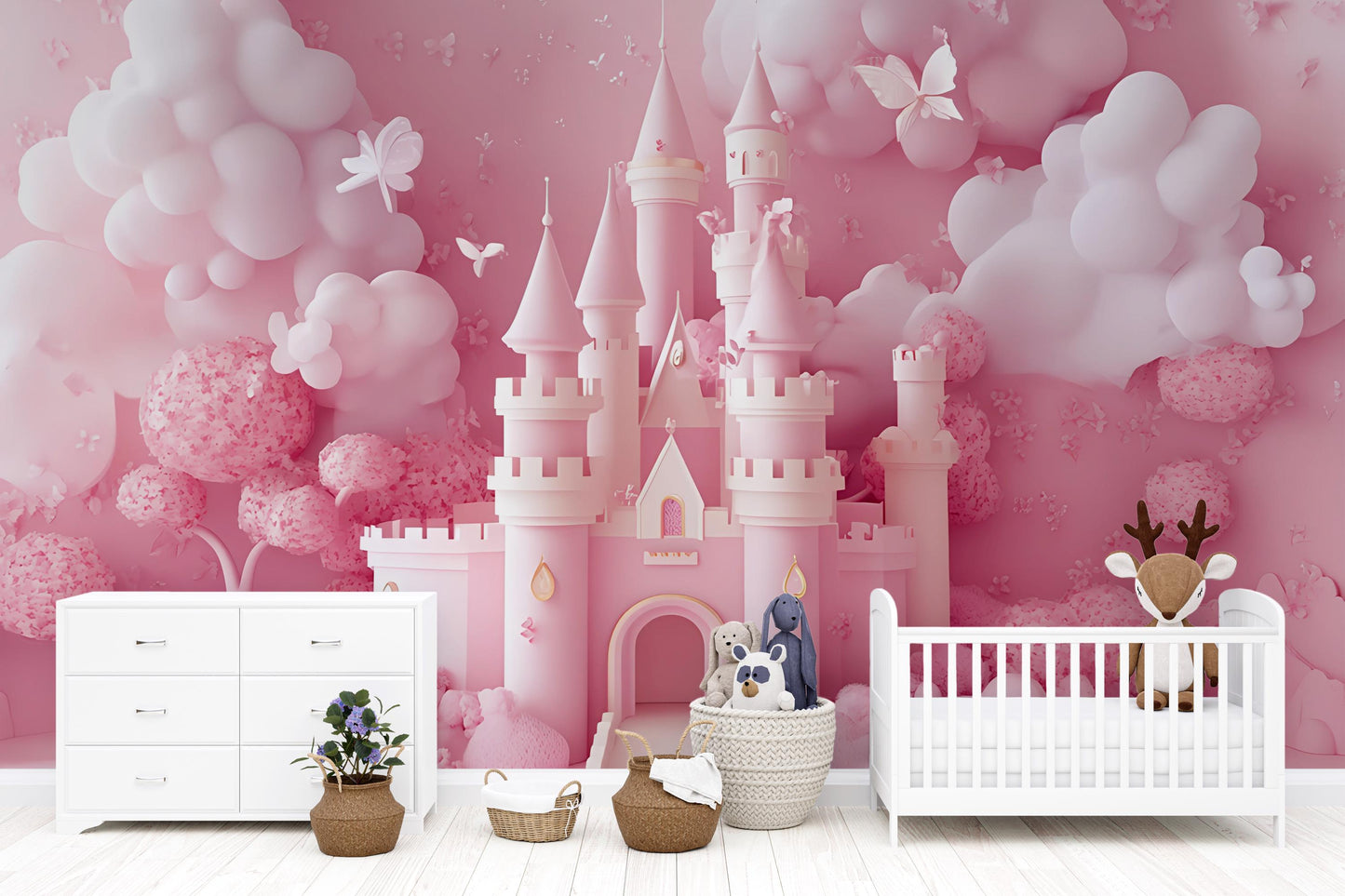 Princess Castle Wall Mural for Girls Room – Pink Fairytale Wallpaper | Dreamy Kids Room Decor | Magical Nursery Art Vn364
