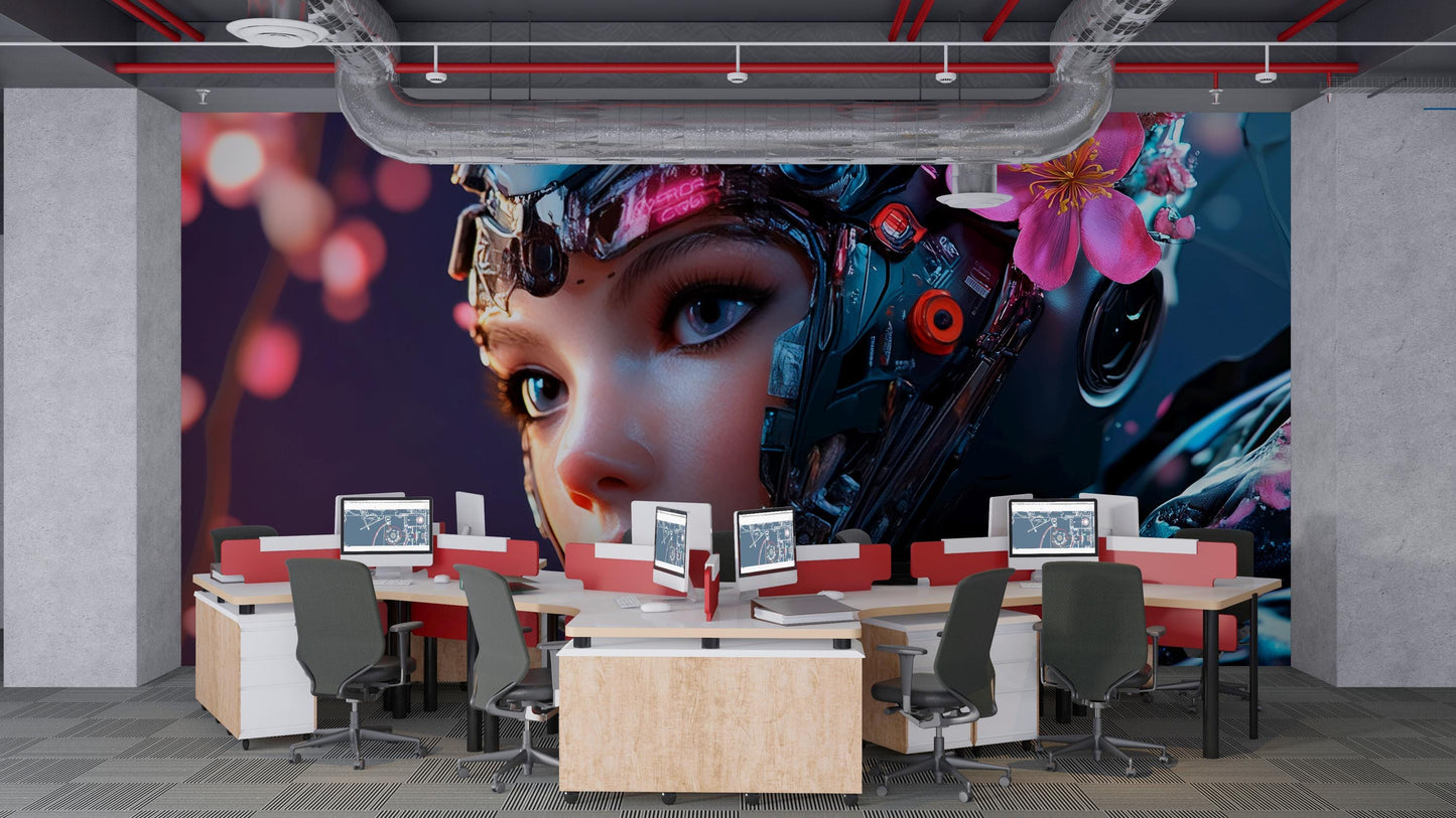 Cyberpunk AI Girl Wall Mural – Futuristic Tech Art Office Decor – Sci-Fi Female Robot Face – Anime Mecha Aesthetic Wallpaper Vn200