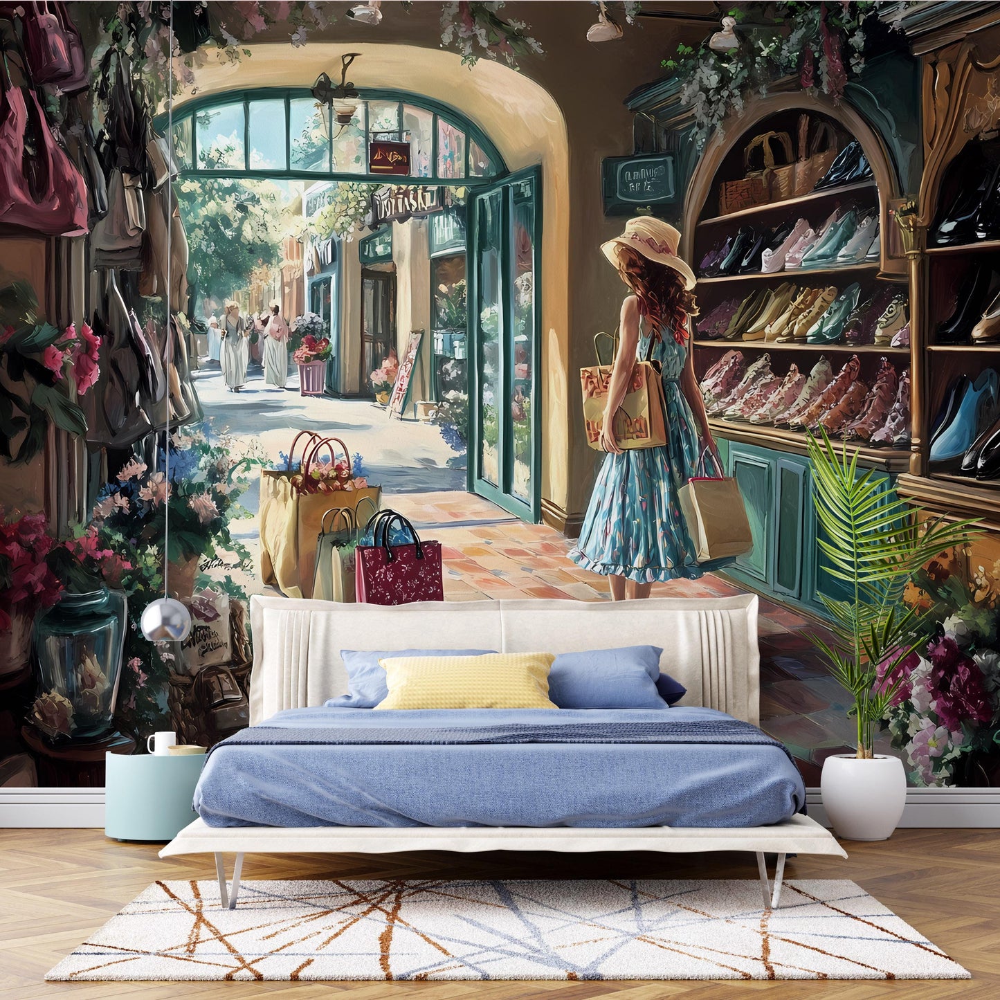 Romantic European Street Scene Wall Mural – Woman Shopping in Shoe Boutique – Elegant Bedroom Wall Art Vn061