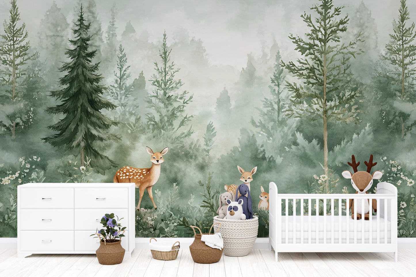 Woodland Deer Forest Wall Mural – Nursery Wallpaper for Kids Room, Removable Peel & Stick Animal Wall Art Vn263