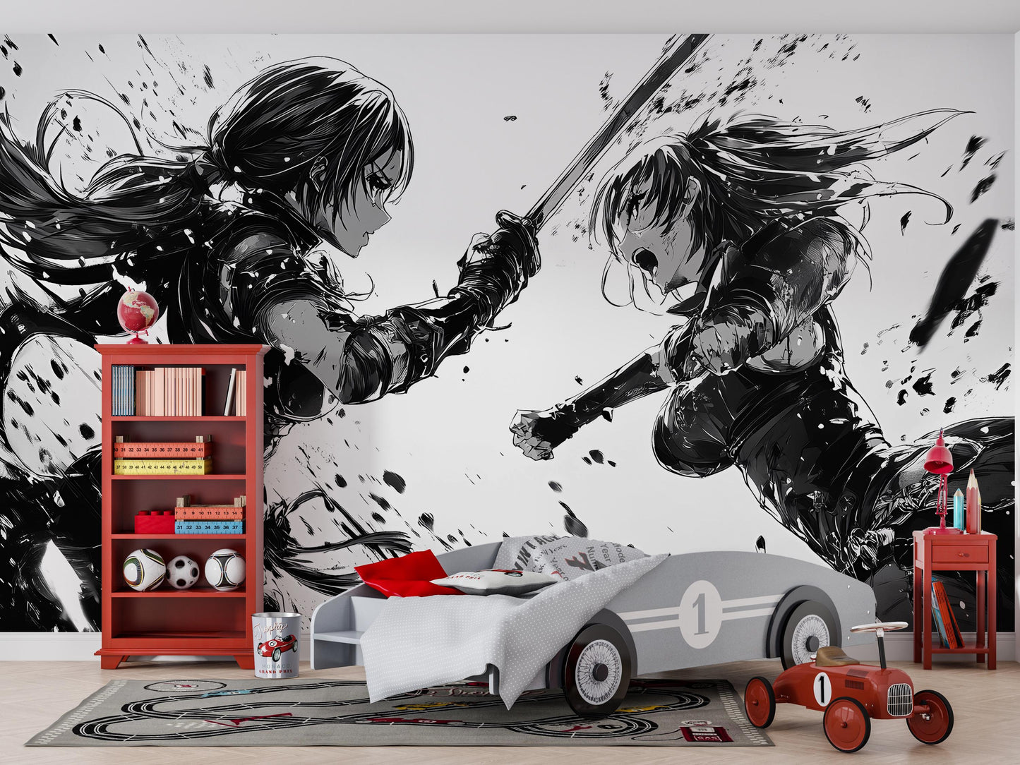 Anime Sword Duel Wall Mural – Black and White Manga Art for Modern Rooms Vn363