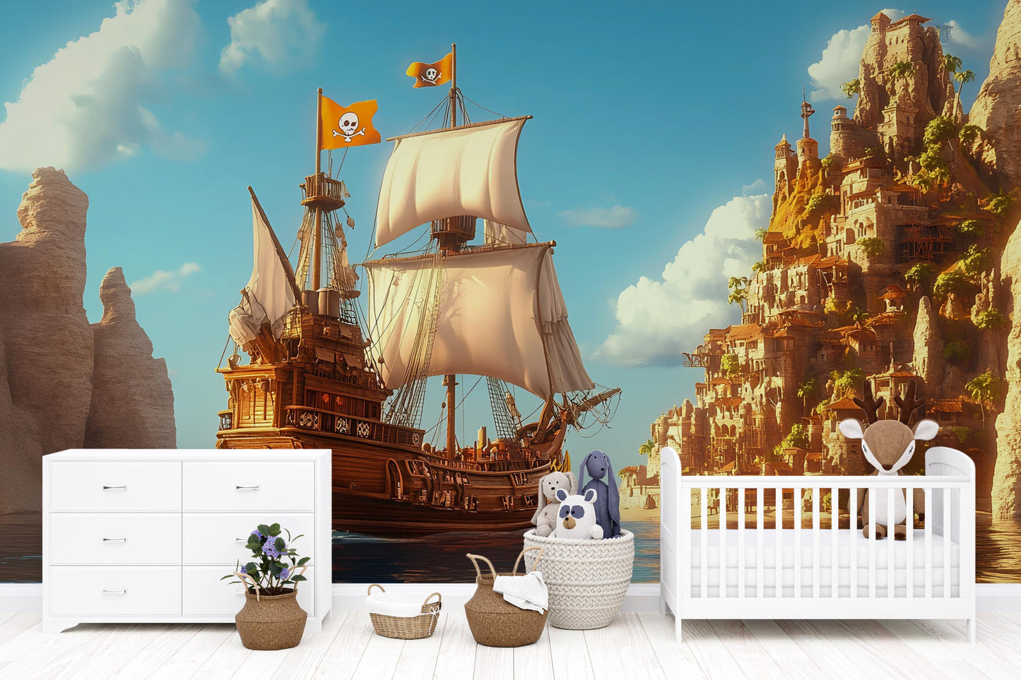 Pirate Ship Wall Mural for Kids Room – Fantasy Ocean Adventure Wallpaper – Large Removable Nursery Decor Vn 310