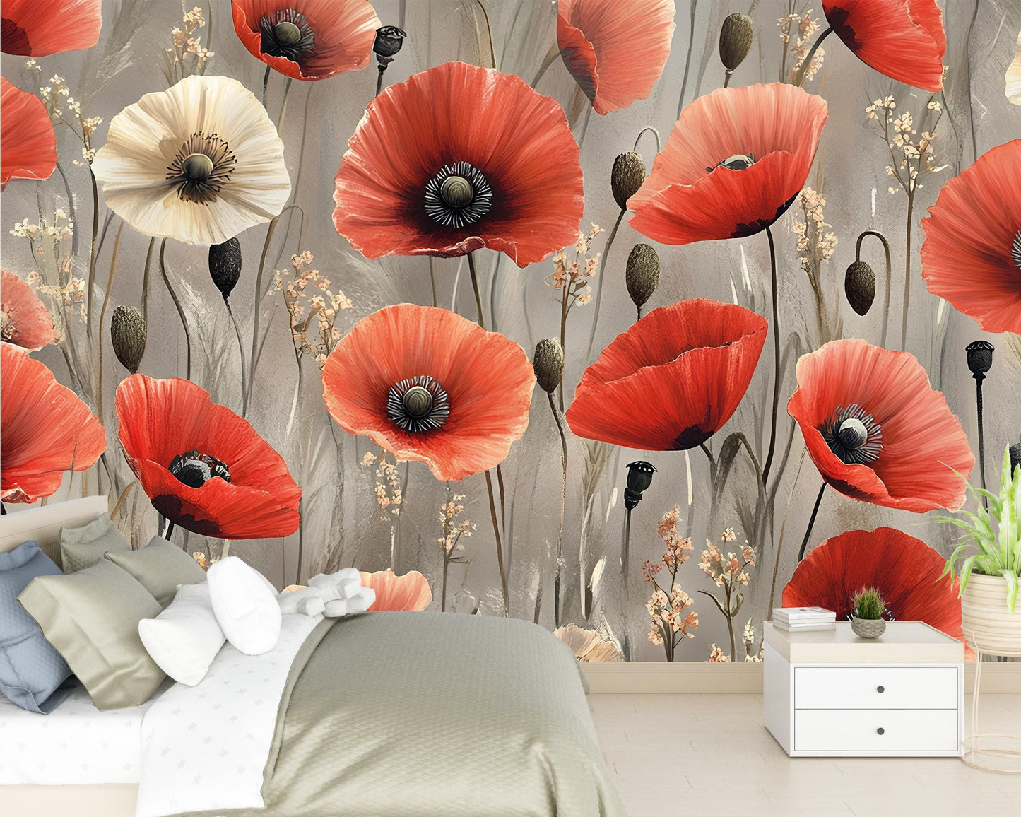 Red Poppy Floral Wall Mural – Large Botanical Flower Wallpaper for Bedroom, Living Room, or Accent Wall Décor Vn333